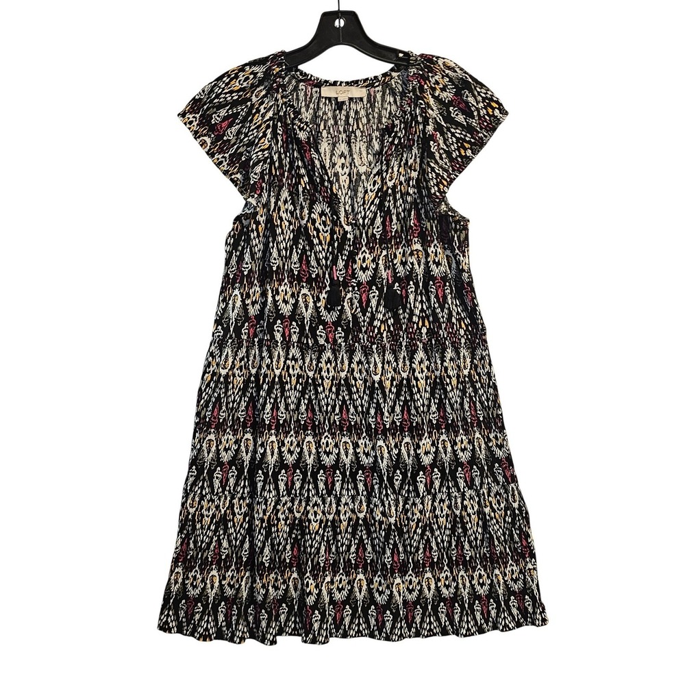 LOFT Dress Black White Yellow Pink Ikat Print Flutter Sleeve V Neck Tassels S